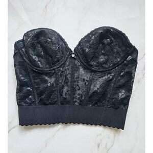 Sears Black Lace Vintage Bustier Longline Pinup Underwire Strapless Bra 36C